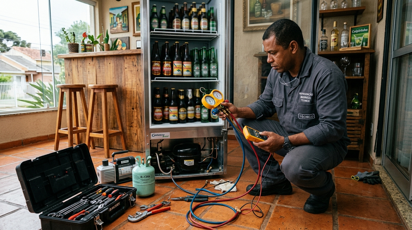 Profissional executando reparo no motor de cervejeira em São José do Rio Preto‑SP