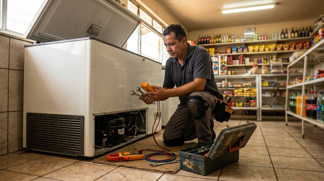 Profissional executando manutenção no motor de freezer em São José do Rio Preto‑SP