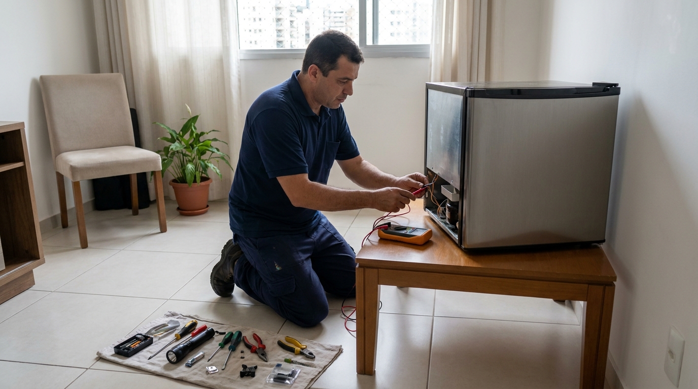 Técnico fazendo manutenção do motor de frigobar em São José do Rio Preto‑SP