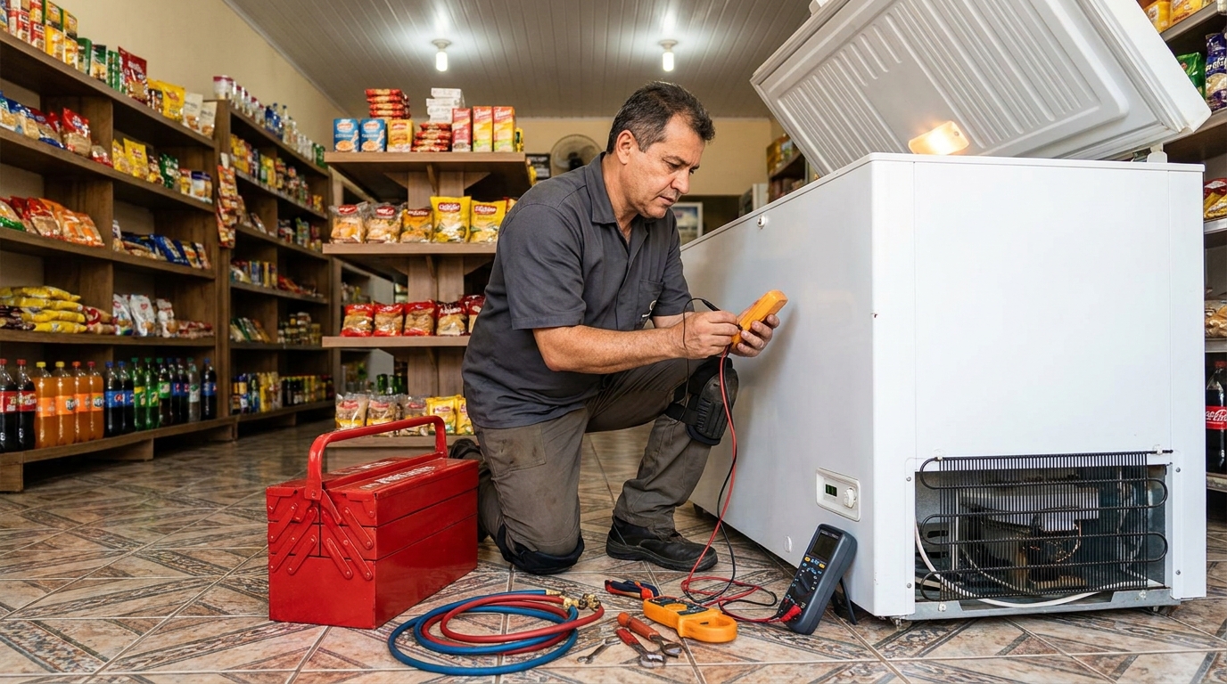 Recarga de gás refrigerante no freezer durante atendimento em São José do Rio Preto‑SP