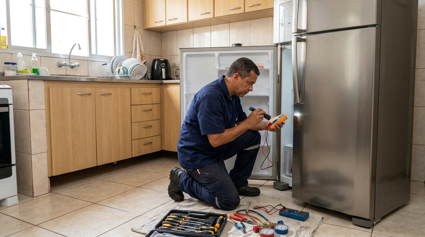 Técnico aplicando recarga de gás refrigerante em geladeira em São José do Rio Preto‑SP