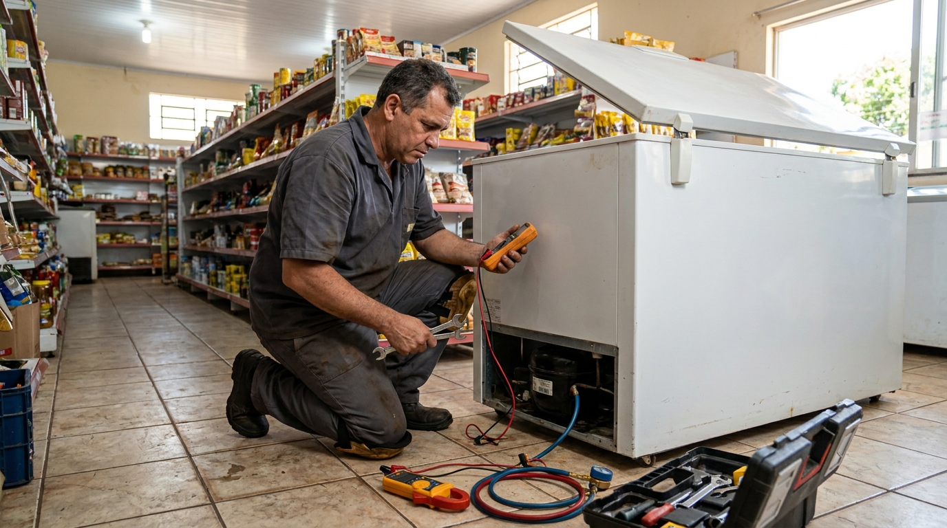 Substituição de termostato de freezer em visita técnica em São José do Rio Preto‑SP
